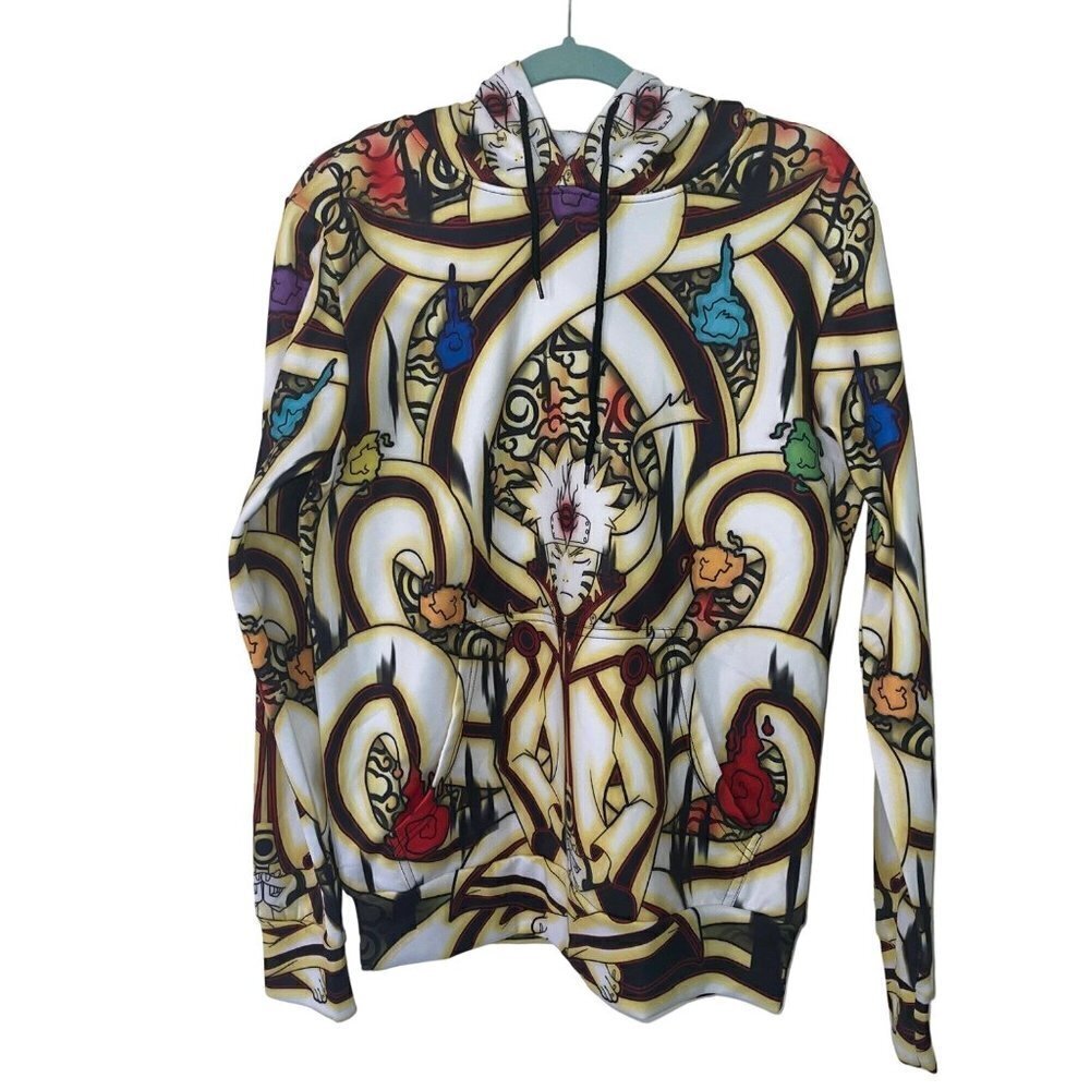 Waz Shop Mens Naruto Hoodie Jacket Size Small White Multicolor Pullover Pockets